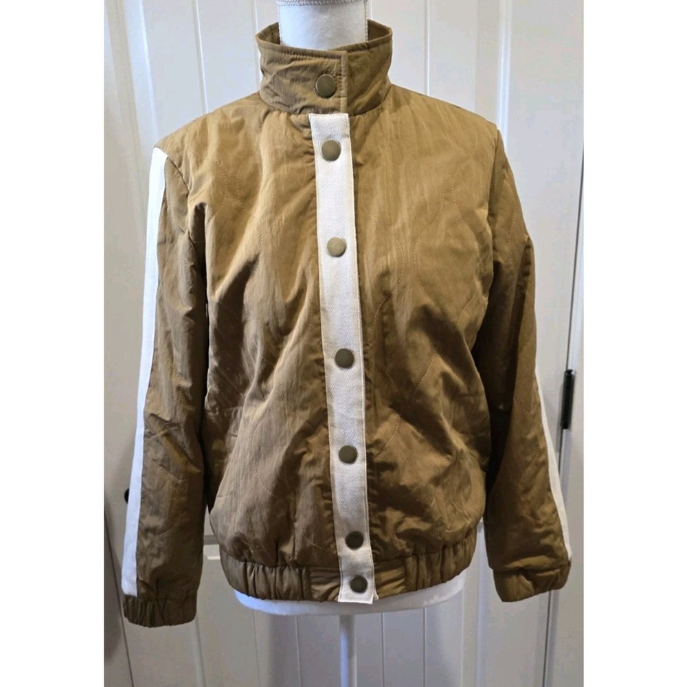 Bohme Vintage-style Bomber Jacket Tan Cream Accent Stripes Snap Buttons Size S